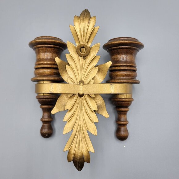 Vintage Homco Home Interiors Wall Sconce Candle Holder Gold Painted Metal Wood - Picture 5 of 9